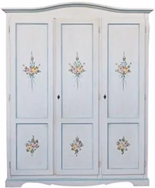 Armadio KIVIO in legno stile shabby chic bianco anticato con decorazioni floreali azzurre per camera da letto L/P/H: 158 x 55 x 197 cm