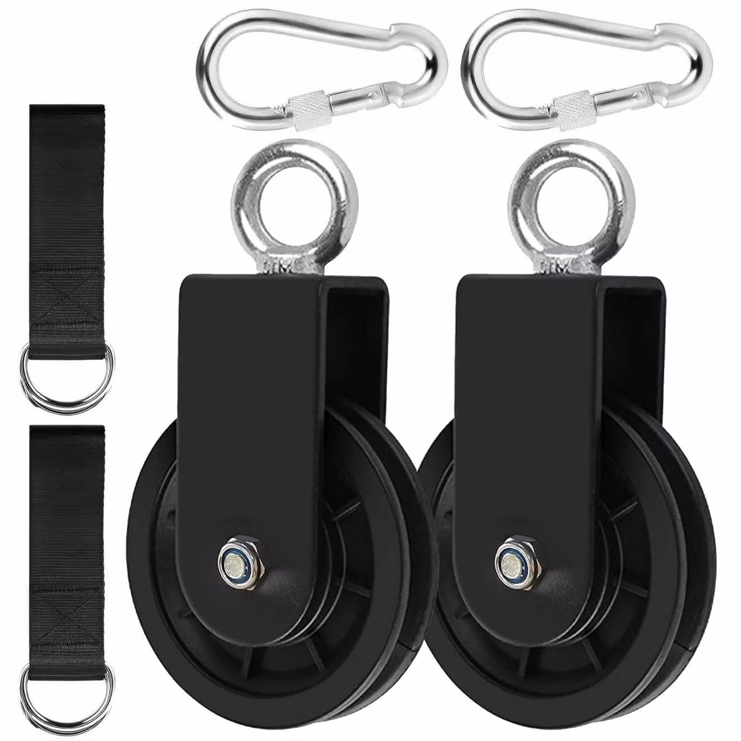 Set di 2 carrucole con gancio a U, rotazione a 360°, diametro 90 mm, colore nero