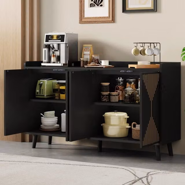 Credenza con 4 ante, ripiani regolabili e vano aperto, per sala da pranzo e soggiorno, in MDF nero, 140 × 40 × 84 cm