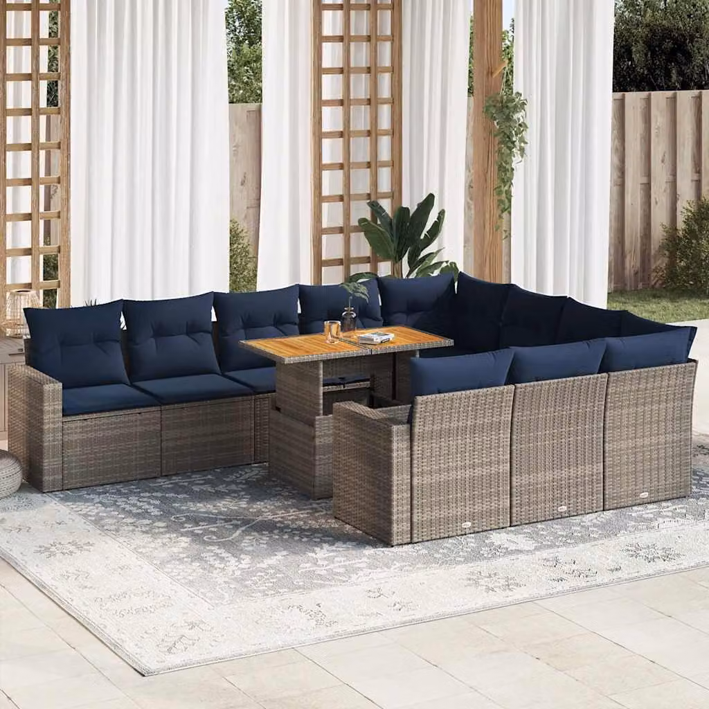 Set di divani da giardino vidaXL 11 pezzi in polyrattan e legno di acacia con cuscini grigi e blu