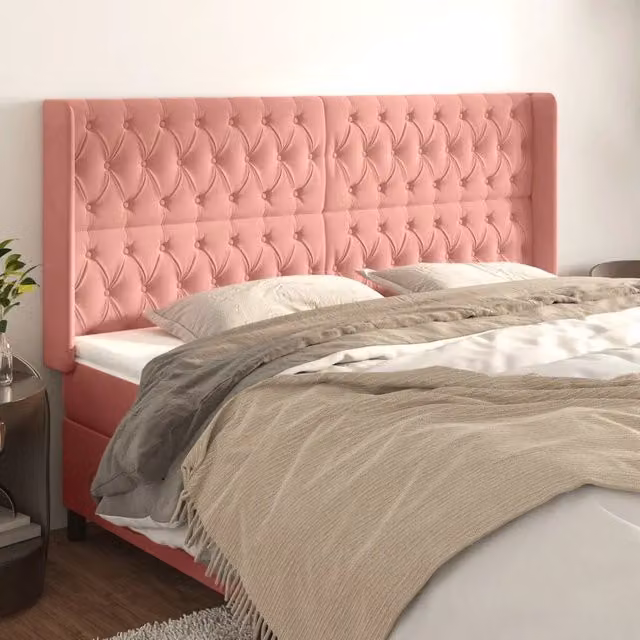 Testiera ad orecchio vidaXL in velluto rosa con struttura in legno L: 203 cm, P: 16 cm, H: 118-128 cm – 1