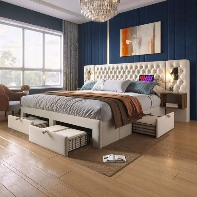 Letto imbottito 180x200 - Xylo - Beige, velluto (senza materasso)