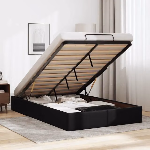 Struttura Letto Pouf senza Materasso-Giroletto con contenitore Nero 120x200 cm Similpelle