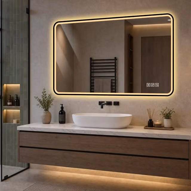 Specchio bagno led 70x90 con cornice in alluminio nero; antiappannamento; 3 colori di luce; dimmerabile