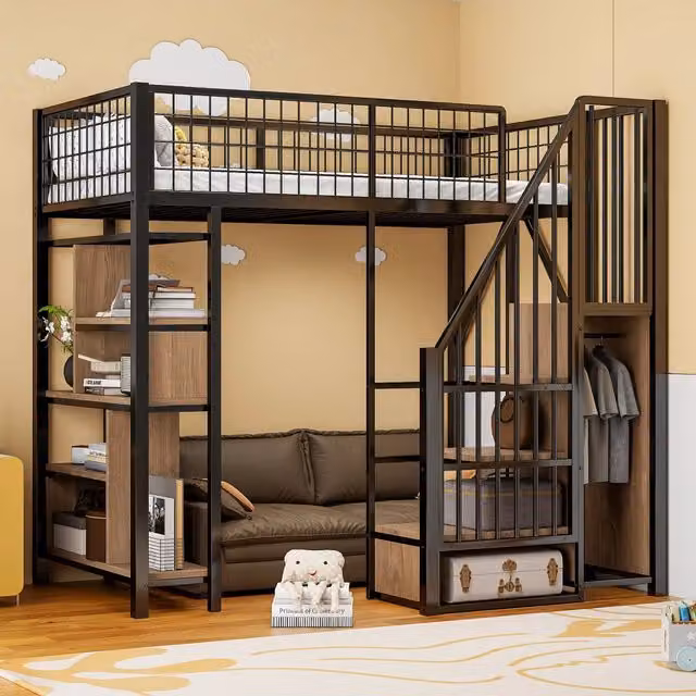 Letto a soppalco singolo WISHDOR in metallo e legno con scala contenitore e scomparti laterali, nero, L/P/H: 204 x 90 x 170 cm