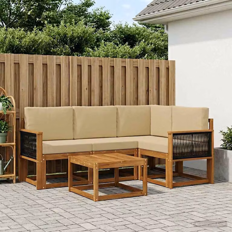 Set di divani da esterno vidaXL a forma di L con tavolo da caffè, in legno di acacia e tessuto beige resistente ai raggi UV, 5 pezzi