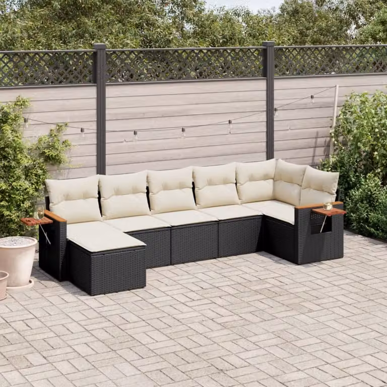 vidaXL Set Divani da Giardino a L con Cuscini 7pz in Polyrattan Nero e Bianco