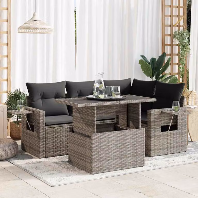 Set Divano da Giardino vidaXL 5 pz a Forma a L con Cuscini Grigio in Polyrattan e Struttura in Metallo