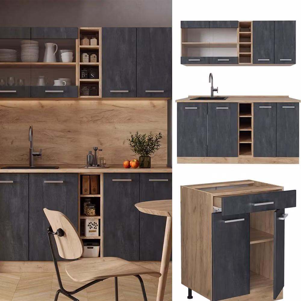 Cucina completa Vicco R-Line moderna in Calce nera e Rovere dorato L: 160 cm – 2
