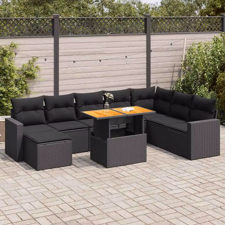 Set Divani da Giardino vidaXL 9 pz in Polyrattan e Legno di Acacia con Cuscini Nero