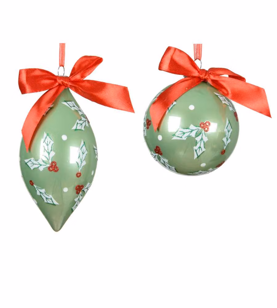 Decoris Palline di Natale in Vetro - con Bacche e Nastro Rosso - 8cm
