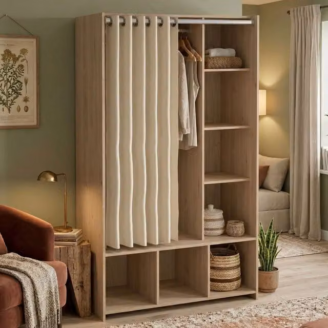 Armadio da camera da letto DMORA moderno con ante e ripiani, L: 105 cm, P: 48,25 cm, H: 180,4 cm, Rovere e Beige – 1