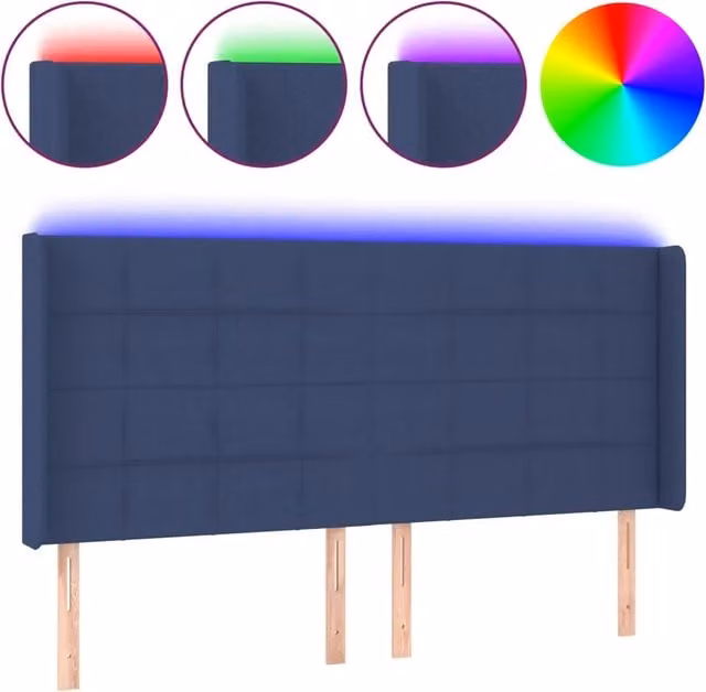 Testata del letto moderna in tessuto blu con illuminazione LED integrata e porta di ricarica USB, L: 183 cm, P: 16 cm, H: 118/128 cm – 1