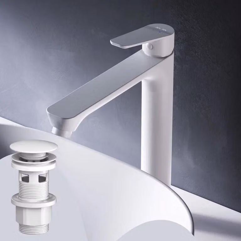 Rubinetto da bagno alto con scarico a scomparsa per lavabo Rubinetto da bagno bianco Rubinetto per lavabo con scarico a scomparsa da 1 1/4" in ottone Scarico