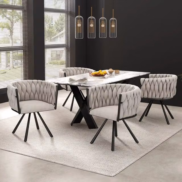 Set 4 sedie da pranzo girevoli in lino nero con struttura in acciaio; 360°