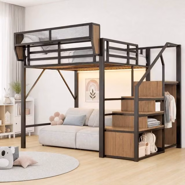 Letto a soppalco 140x200 cm in metallo nero con LED, scala e ripiano regolabile