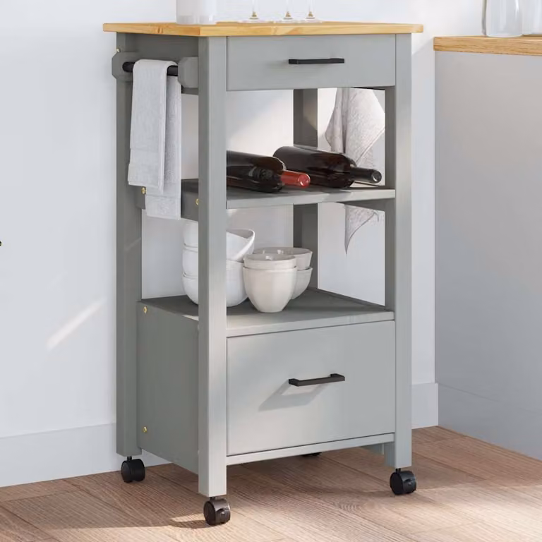 vidaXL Carrello da Cucina MONZA in Legno di Pino e Metallo, Grigio, L/P/H: 48 x 40 x 88,5 cm