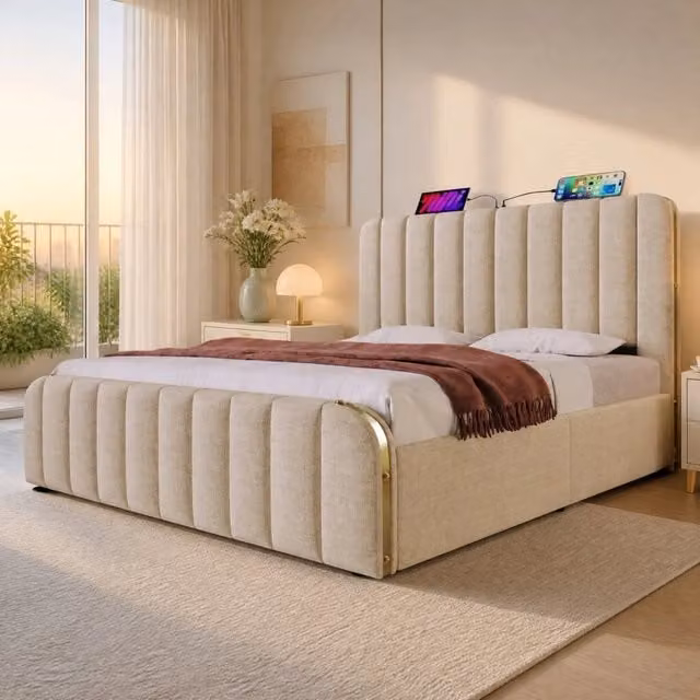 Letto 160x200 cm con contenitore idraulico, USB e USB-C in lino beige