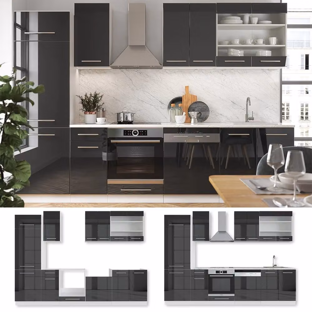 Cucina componibile moderna Fame-Line Vicco Antracite lucido e Bianco L: 300 cm, P: 60 cm, H: 203,6 cm – 2
