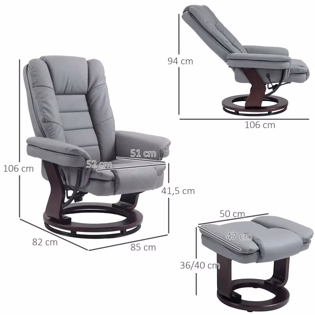 Poltrona relax girevole WISHDOR con poggiapiedi, reclinabile, in pelle sintetica grigia con struttura in legno massello – 2