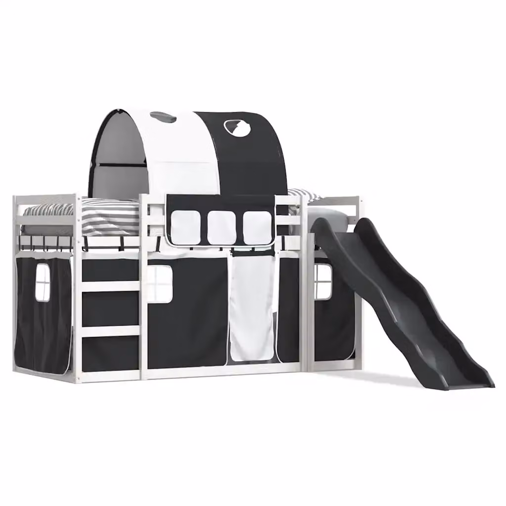 Letto a castello per bambini vidaXL con scivolo e tende in legno di pino, Bianco/Nero/Antracite, 90x200 cm – 2