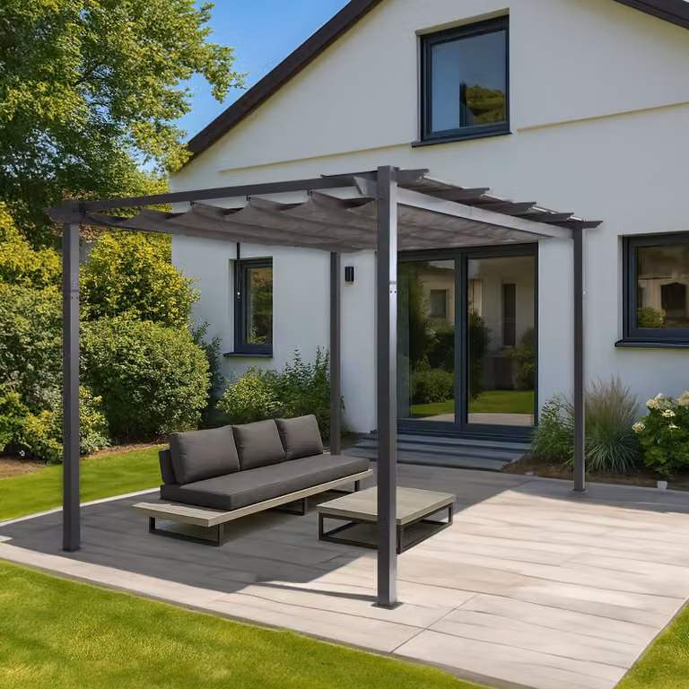 Pergola in alluminio HWC-N93, gazebo da giardino, telaio stabile da 8 cm, tetto scorrevole UV50+ 3x4m ~ antracite