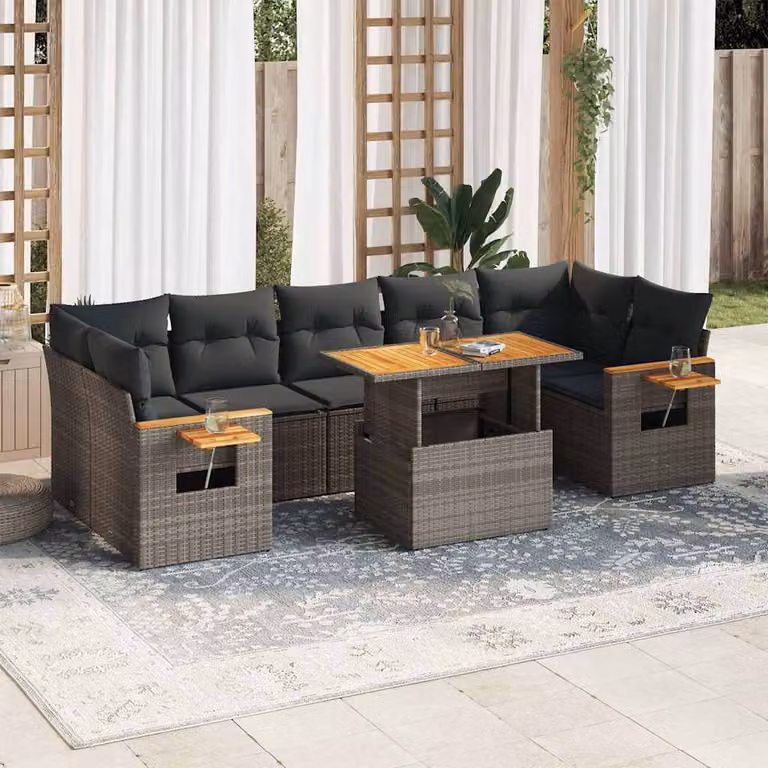 Set Divano da Giardino vidaXL 8pz a Forma di L in Polyrattan Grigio con Cuscini e Tavolino da Esterno