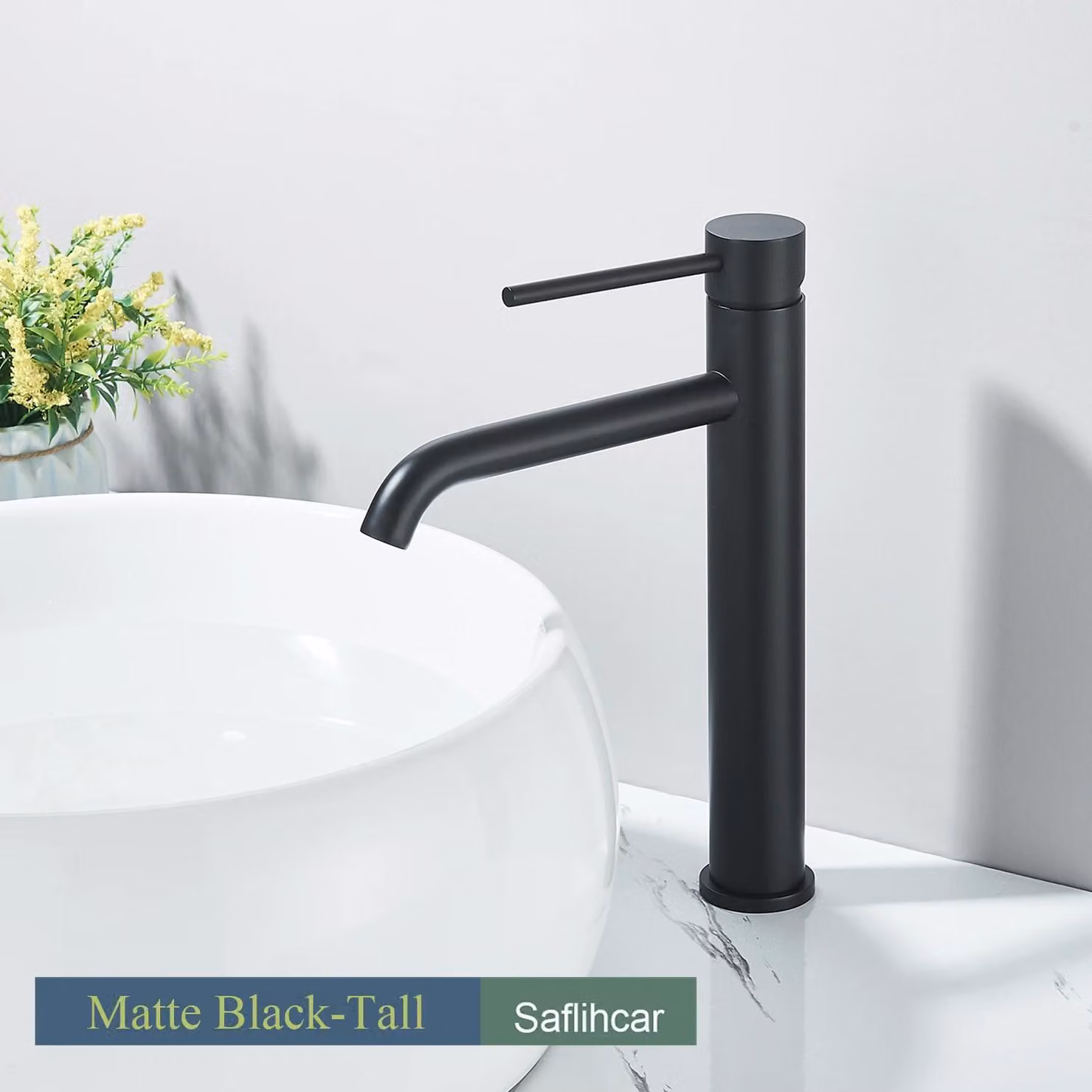 Miscelatore per lavabo – Modello alto – Installazione monoblocco – Miscelatore monocomando – Acciaio inossidabile – Cartuccia in Vetroceramica – Completo di tappo a salvagoccia – Nero opaco