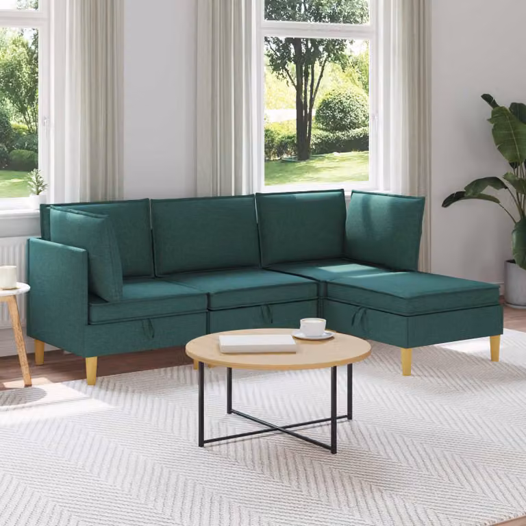 Set di divani modulari vidaXL a forma di L con spazio di archiviazione, 4 pezzi, tessuto verde, stile moderno
