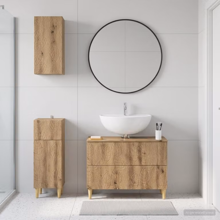 Set di armadietti da bagno vidaXL DELFT in legno rovere marrone, composto da 3 pezzi con mobile lavabo e pensili a parete