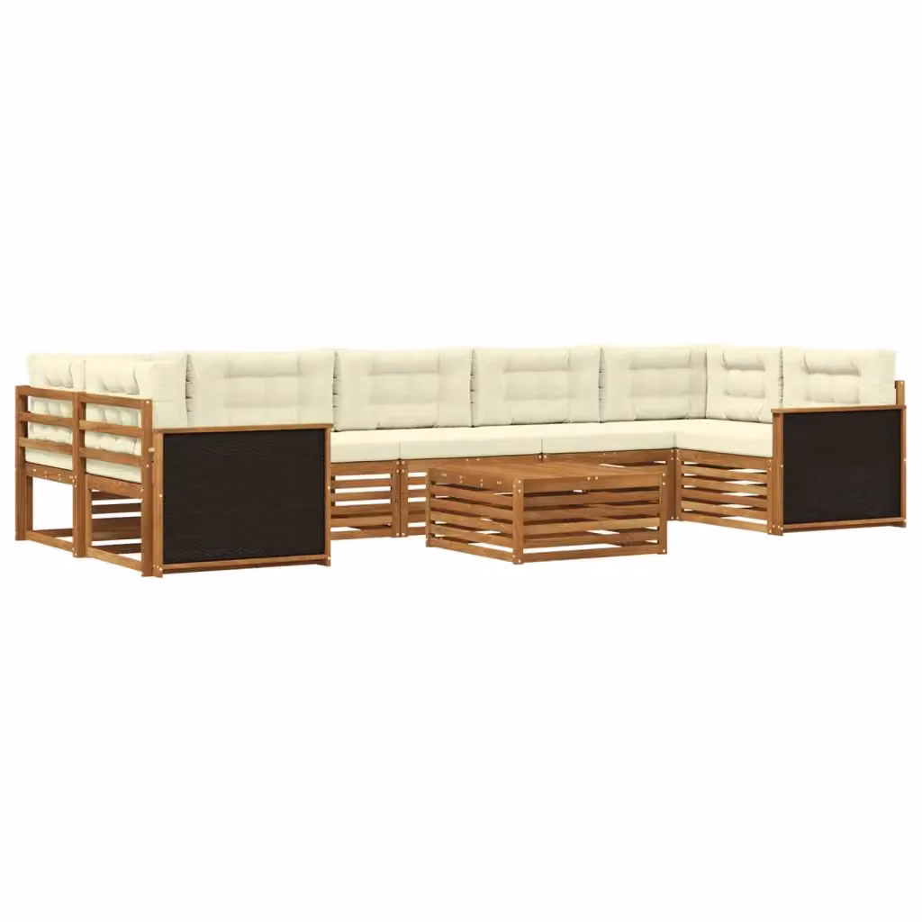 Set di divani da esterno a forma di U vidaXL in legno di acacia con cuscini beige e bianchi composto da 8 pezzi – 2