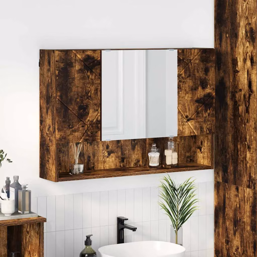 Mobiletto per specchio da parete vidaXL in Rovere fumé con ante a battente e ripiani interni, L: 80 cm, P: 17 cm, H: 55 cm
