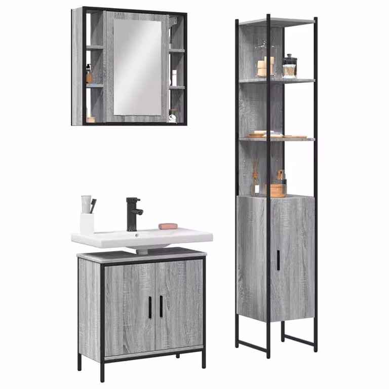 Set di mobili da bagno vidaXL 3 pezzi grigio moderno con armadietto specchio, mobile lavabo e colonna alta