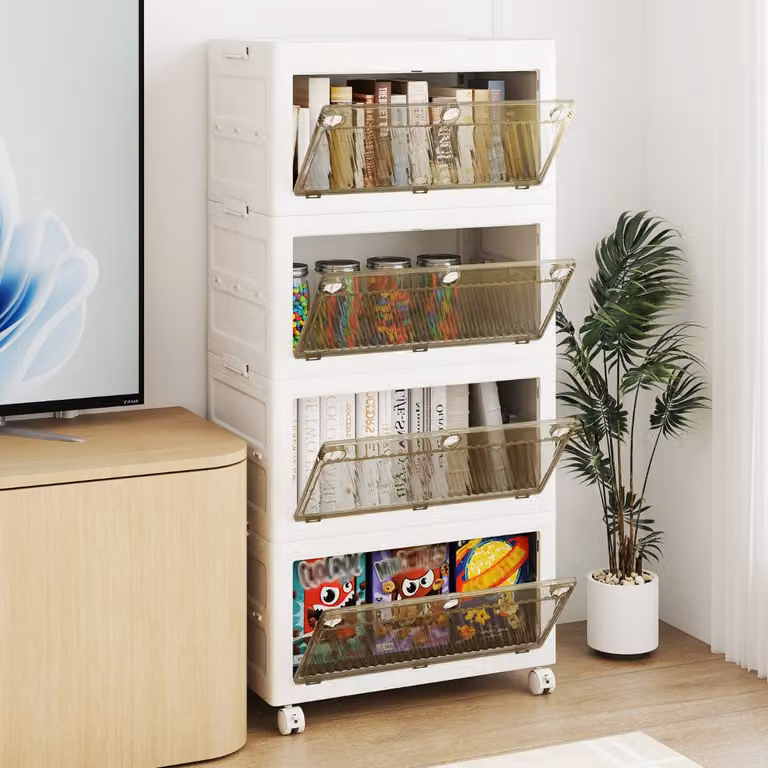 Costway Contenitori di stoccaggio in plastica a 4 livelli impilabili con coperchio, Bianco e Marrone