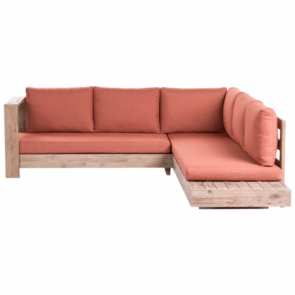 Set Divano Angolare da Esterno Beliani in Legno di Acacia con Cuscini Rossi e Tavolino, L/P/H: 225 x 212 x 69 cm – 2