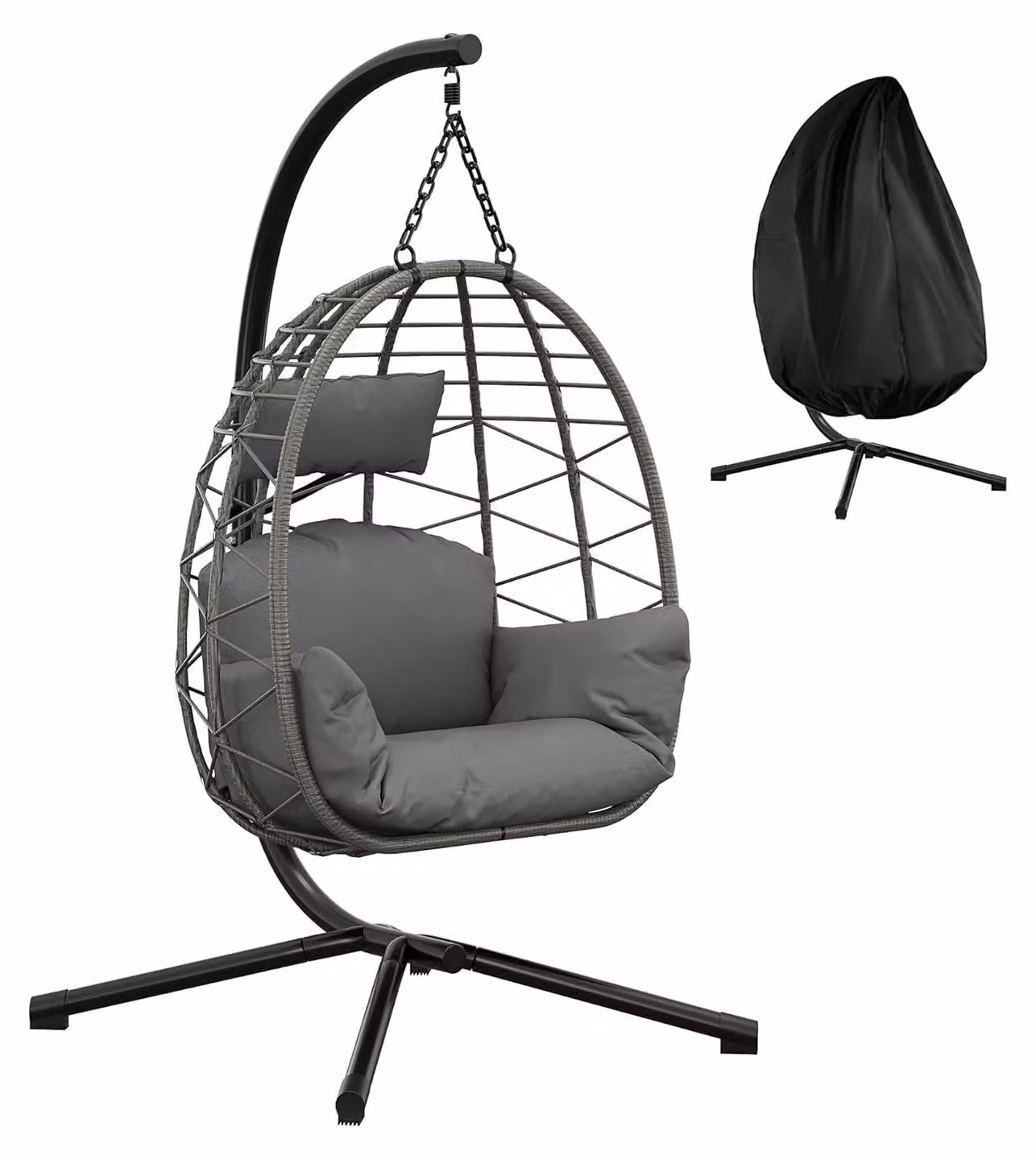 Sedia a dondolo a forma di uovo in rattan - struttura in metallo - cuscino e poggiatesta impermeabili con copertura antipioggia - adatta per interni, esterni, balconi e giardini - colore grigio