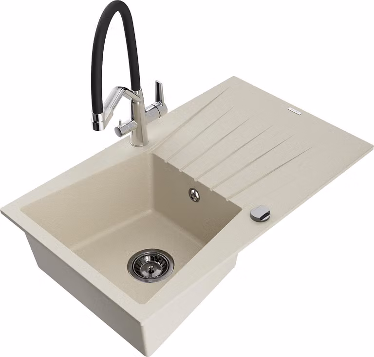 Mexen Cesar lavello in granito 1 vasca con scolapiatti e rubinetto da cucina Duo, beige - 6514-69-671701-07-B