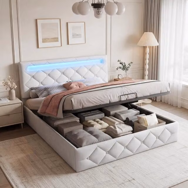Letto matrimoniale 160x200 cm con contenitore idraulico LED testiera regolabile struttura in metallo velluto - albicocca