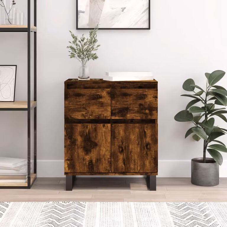 Credenza moderna vidaXL in legno multistrato e metallo, colore rovere fumo, L: 60 cm, P: 35 cm, H: 70 cm
