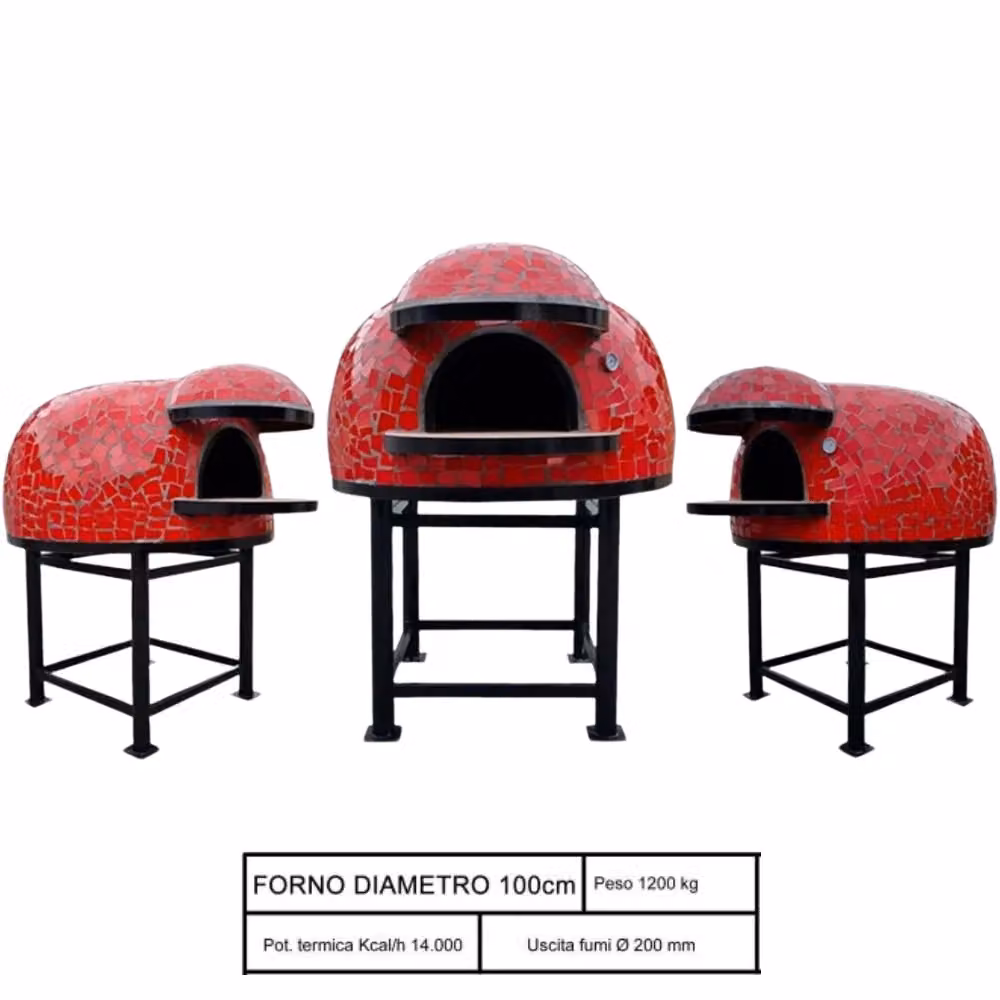 Forno a legna artigianale professionale con base e cupola in metallo, colore rosso e blu, diametro 100 cm – 2
