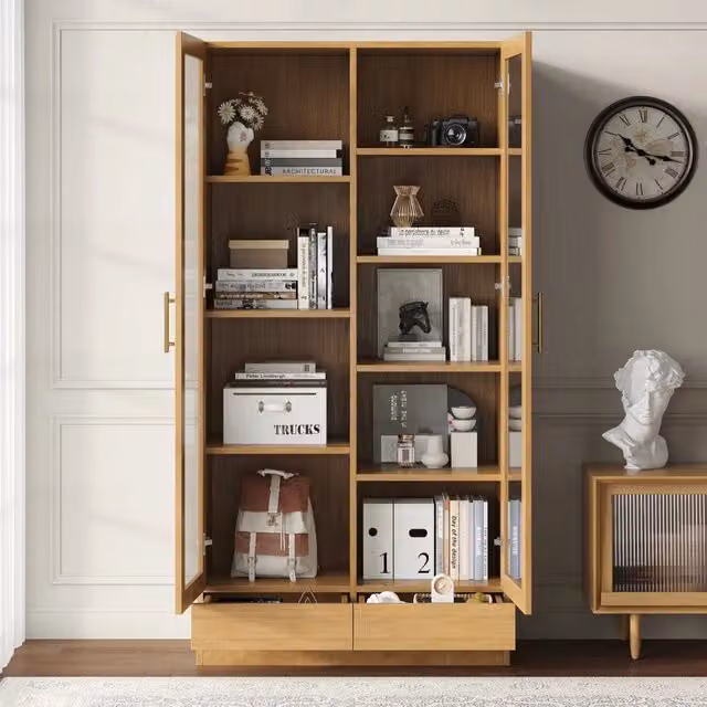 Vetrina, schedario, ante in vetro, 2 cassetti, 80 x 40 x 160 cm, colore legno naturale
