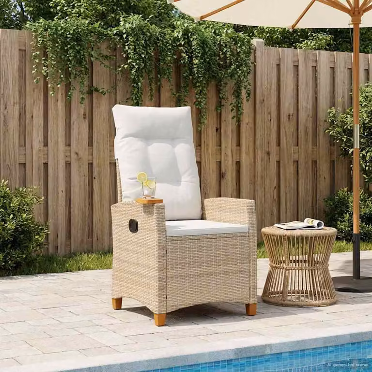 vidaXL Poltrona reclinabile con tavolino in rattan e metallo beige per giardino