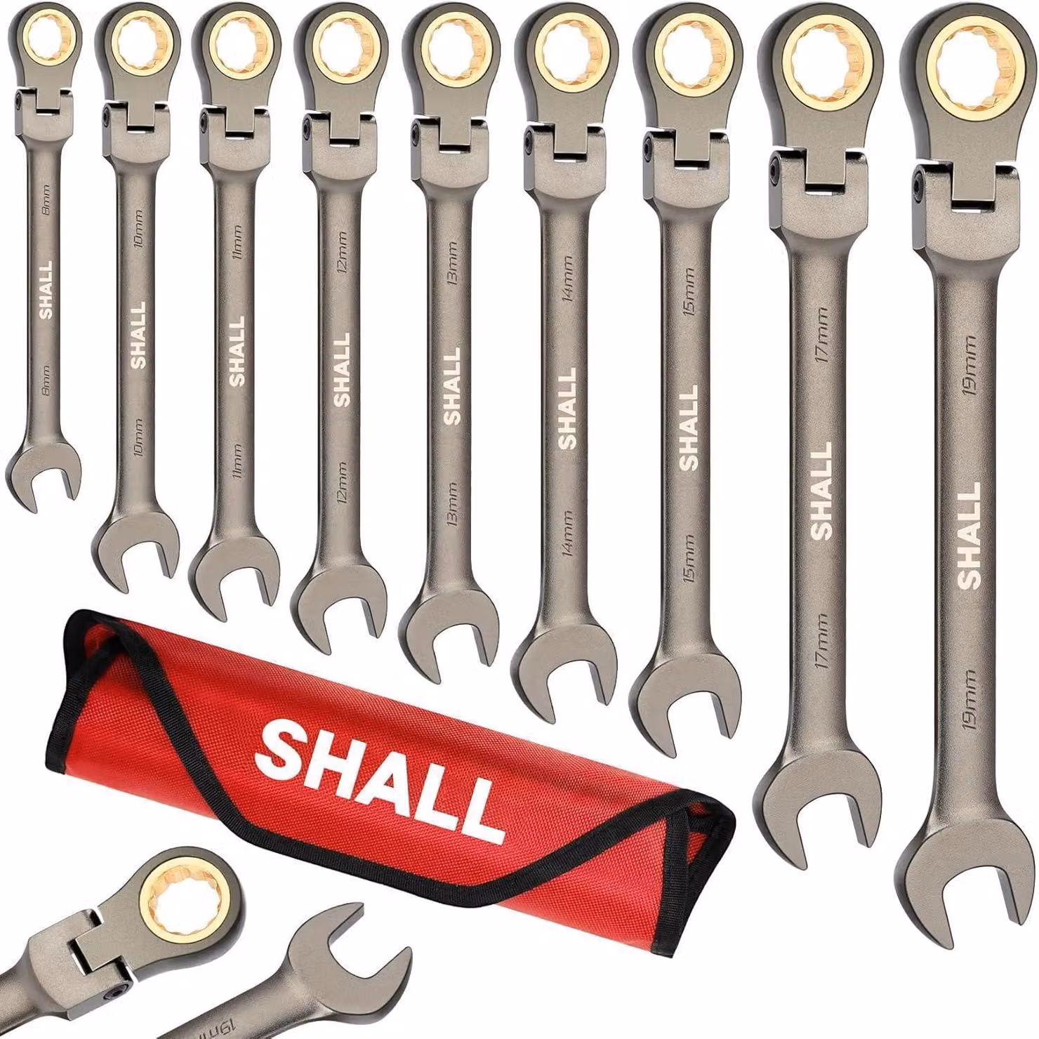Set di chiavi a ralla a 9 pezzi con testa flessibile, 72 denti, da 8 a 19 mm, in acciaio Cr-V, cromate, con custodia