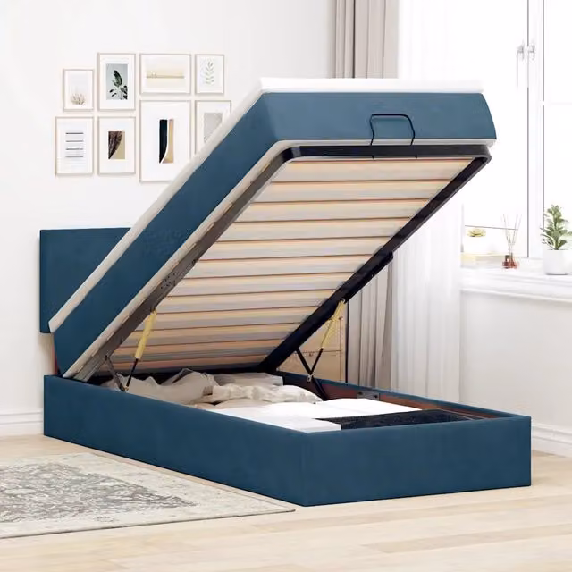 Letto con contenitore a sollevamento vidaXL in velluto blu e bianco con materasso L: 90 cm, P: 190 cm, H: 88 cm