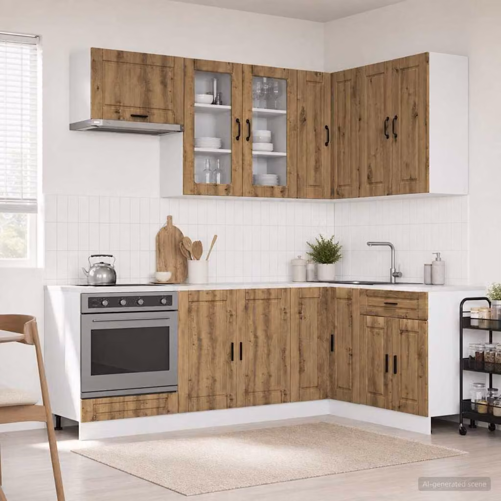 Unità cucina vidaXL PORTO 8 pezzi in legno Rovere marrone con ante in vetro e scaffali aperti