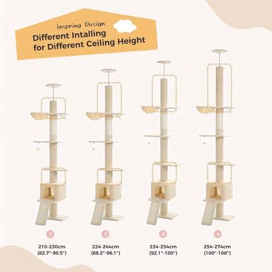 Albero per gatti – da pavimento a soffitto – altezza regolabile – 216-273 cm – area giochi – amaca – cuccia – beige