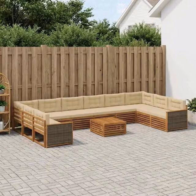 Set di divani da giardino vidaXL in legno di acacia massello con 11 pezzi, colore marrone e beige – 1