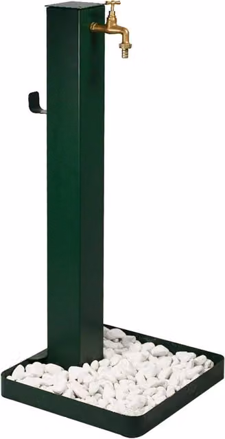 Fontana da Giardino Design a Colonna Quadrata Rubinetto in Ottone e Base con Ciottoli Verde