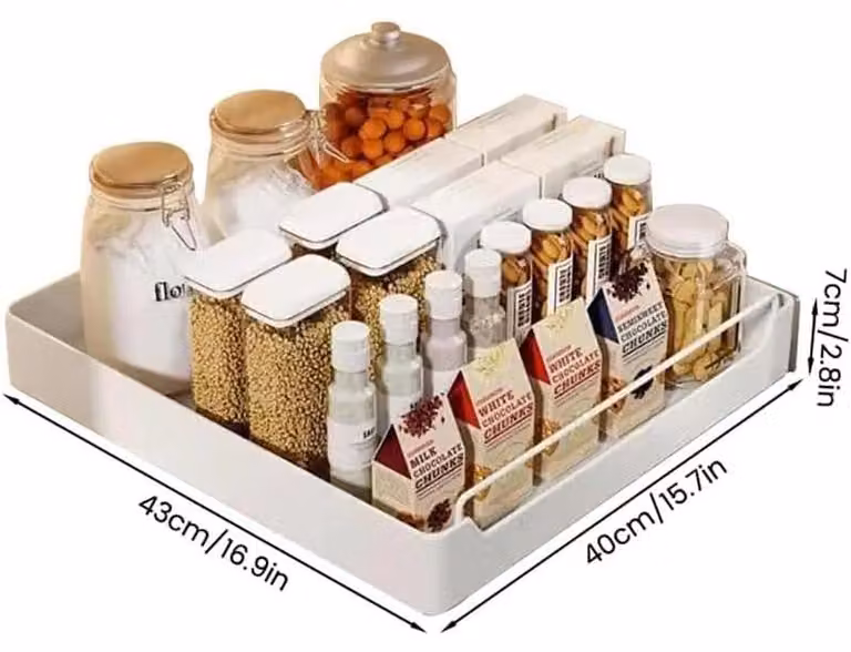 Organizer per mobili da cucina - Ripiano estraibile - Larghezza 40 cm - Guida ammortizzata - Scorrimento silenzioso - Ferro - Bianco