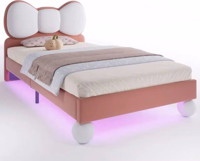 Letto singolo per bambini 90x200 in velluto rosa con LED regolabile， senza materasso